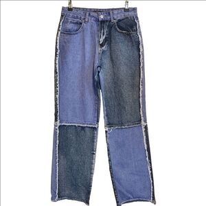 CALI1850 HIGH RISE TWO-TONE PATCHWORK JEAN FRAYED SEAMS SIZE 27 EUC